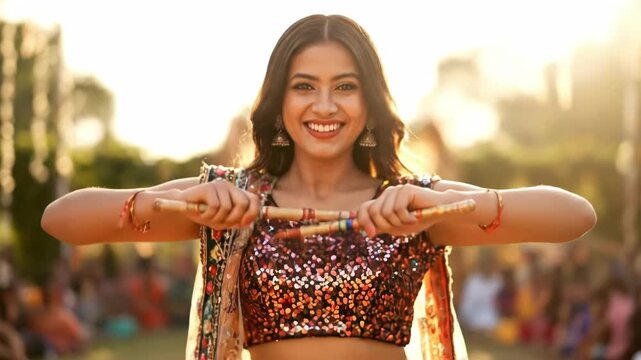 Joyful Indian Woman Dancing Garba with Dandiya Sticks at Sunset Festival