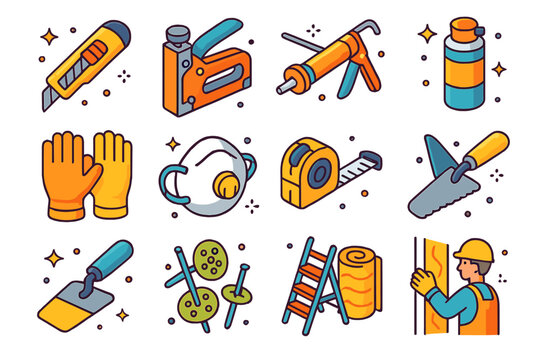 Insulation Tools Icons. Colorful isometric vector icons set of construction tools for insulation: utility knife, insulation stapler, caulking gun, spray foam