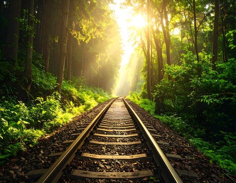 Sunlight streams through a lush forest on train tracks - Powered by Adobe