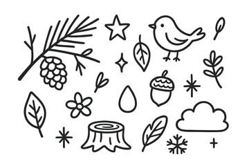 Fototapeta premium Nature Doodle Elements. Hand-drawn doodle illustration Pine Branch [pine branch, needles, pine cone, twig, star, leaf, bird, acorn, sparkles, stump, flower,