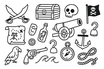 Pirate Treasure Icons. Hand-drawn doodle illustration pirate swords cutlass, treasure chest, skull, anchor, map, cannon, flag, coin, bottle, hook, compass,