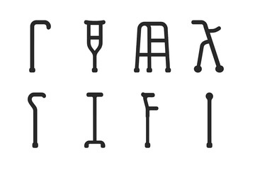 Walking Aids Icons. Solid, filled icon set of walking aids: cane, crutch, walker, rollator, walking stick, quad cane, forearm crutch, mobility stick. Solid,