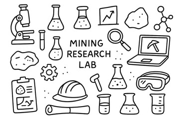 Mining Research Lab Doodles. Hand-drawn doodle illustration Mining research lab microscope, test tube, flask, ore sample, rock, chart, magnifying glass,