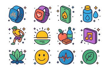 Healthy Cycling Icons. Colorful isometric vector icons set of healthy lifestyle cycling: fitness tracker, heart rate watch, calories burned app, hydration
