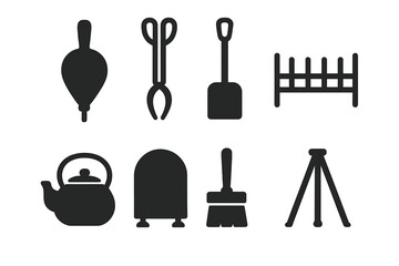 Obraz premium Traditional Hearth Tool Icons. Solid, filled icon set of traditional hearth tools: bellows, fire tongs, shovel, grate, cast iron kettle, fire screen, hearth