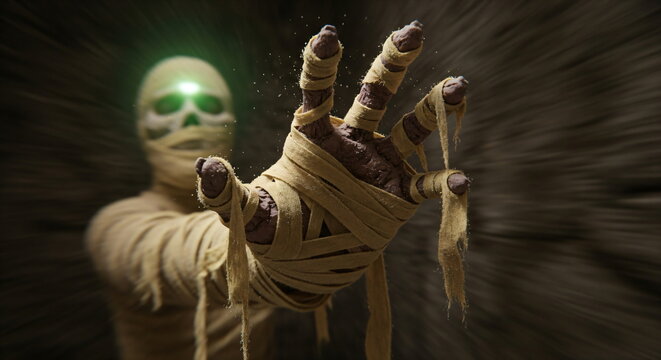 Mummy with glowing green eyes extending a wrapped arm, reaching out from the dark. Spooky halloween monster, horror, fantasy concept for fear.