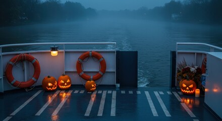 A serene Halloween evening scene on a boat, featuring carved pumpkins with glowing faces, surrounded by life rings and autumn decorations, with a misty river in the background