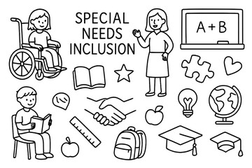 Inclusive Education Icons. Hand-drawn doodle illustration Special needs inclusion [wheelchair, student, teacher, book, chalkboard, puzzle piece, heart,