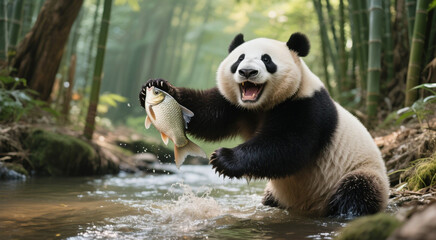 Fototapeta premium A panda cheerfully catches fish in a lush forest