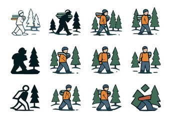 Fototapeta premium Forest Walk Logos. Set Logo of people walking in a snowy forest: person carrying firewood in forest. Logo set in vector style, emblematic variations. line,