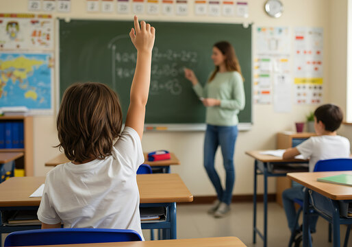 Student raises hand in elementary classroom, teacher writing on chalkboard, another student at desk.