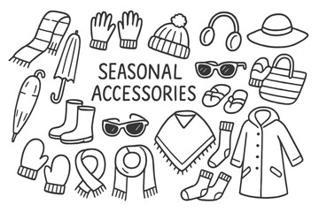 Hand-drawn Seasonal Accessories. Hand-drawn doodle illustration Seasonal accessories [scarf, gloves, beanie, earmuffs, umbrella, rain boots, sunglasses,