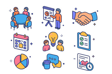 Fototapeta premium Corporate Icons Isometric Set. Colorful isometric vector icons set of Corporate meetings and teamwork: roundtable discussion, presentation board, video call