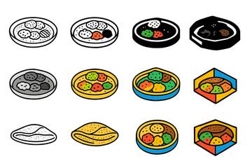 Ethiopian Injera Logo Set. Set Logo of Food culture and traditions: Ethiopian injera platter. Logo set in vector style, emblematic variations. line, bold thick