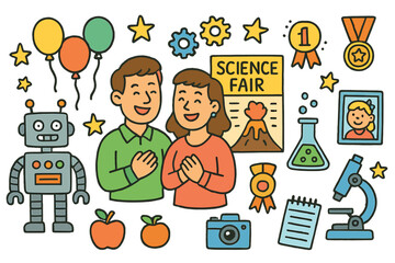 Science Fair Celebration. Colorful Hand-drawn doodle Children illustration Parents celebrating science fair robot, volcano project, test tubes, microscope,