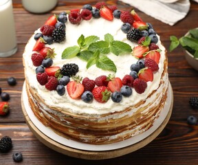Delicious crepe cake with fresh berries on wooden table, closeup