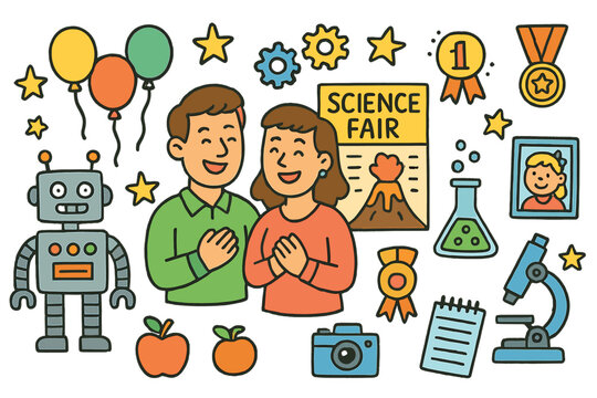 Science Fair Celebration. Colorful Hand-drawn doodle Children illustration Parents celebrating science fair robot, volcano project, test tubes, microscope, - Powered by Adobe