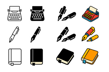 Obraz premium Writer's Tool Icons. Icon Set of Writer?s tools: typewriter, ink pen, notebook. Icons set in vector style, emblematic variations. Typewriter line, typewriter