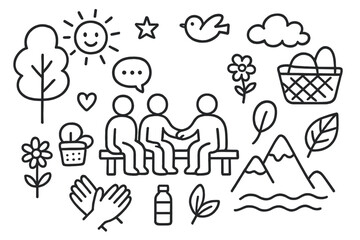 Nature Connection Doodle. Hand-drawn doodle illustration social connection in nature group of people, tree, sun, cloud, flower, star, heart, chat bubble,