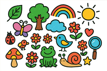 Fototapeta premium Nature Exploration Doodles. Colorful Hand-drawn doodle Children illustration Outdoor curiosity leaf, tree, mushroom, frog, snail, butterfly, ladybug, cloud,