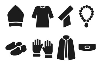 Ceremonial Attire Icons. Solid, filled icon set of ceremonial attire: headdress, robe, sash, bead necklace, ceremonial shoes, gloves, cloak, belt. Solid,