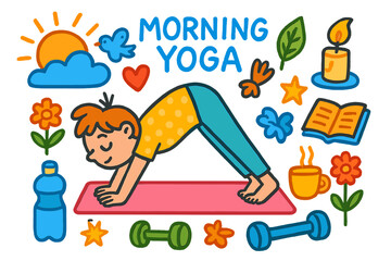 Fototapeta premium Morning Yoga Icons. Morning yoga. Colorful Hand-drawn doodle Children illustration sunrise, yoga mat, stretching figure, tea cup, cloud, bird, leaf, star,