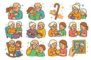 Grandparent-Grandchild Icons Set. Colorful isometric vector icons set of grandparent love: grandchild hug, reading storybook, walking cane and tiny hand, lap
