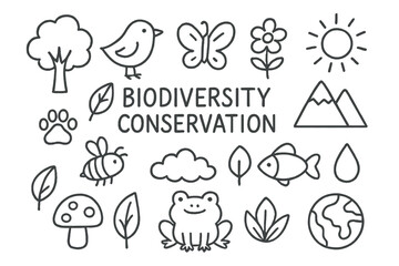 Biodiversity Conservation Doodles. Hand-drawn doodle illustration biodiversity conservation tree, bird, butterfly, flower, fish, bee, paw print, leaf, frog,
