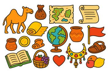 Ancient Trade Doodles. Colorful Hand-drawn doodle Children illustration Ancient trade routes camel, silk roll, spice bag, map, scroll, globe, coin, pottery,