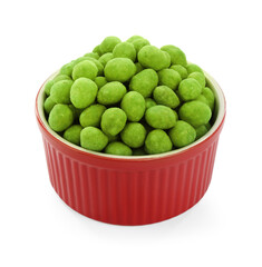 Wasabi coated peanuts in bowl isolated on white