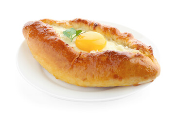 Tasty khachapuri with cheese and egg isolated on white