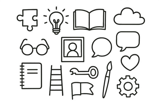 Conceptual Doodle Icons. Hand-drawn doodle illustration conceptual portrait photography puzzle piece, light bulb, book, cloud, star, glasses, frame, person