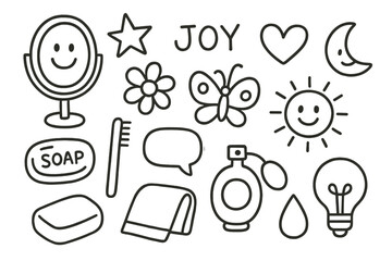 Joyful Mirror Doodles. Hand-drawn doodle illustration mirror joy mirror, smiling face, star, heart, flower, butterfly, sun, moon, soap bar, toothbrush, towel,