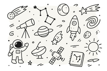 Obraz premium Space Doodle Icons. Hand-drawn doodle illustration Comet and constellations comet, constellation lines, star chart, moon, planet, shooting star, galaxy swirl,