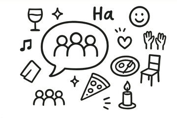 Fototapeta premium Cheerful Dinner Icons. Hand-drawn doodle illustration Friendly dinner conversation bubble icon, laughter, wine glass, sparkle, napkin, pizza, plate, table,