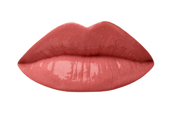 Female lips with coral lipstick isolated on white