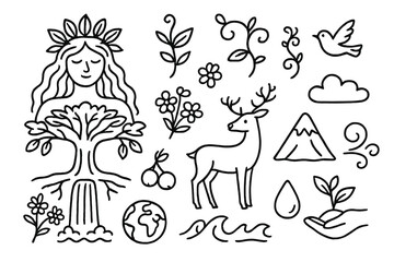Nature Goddess Doodle. Hand-drawn doodle illustration Nature goddess tree, leaf crown, waterfall, vines, flowers, deer, mountain, bird, sunburst, cloud, wind