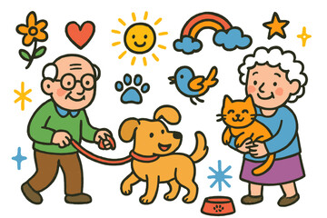 Caring Seniors with Pets. Colorful Hand-drawn doodle Children illustration Seniors Caring for Pets [senior figure, dog, cat, leash, paw print, heart, rainbow,