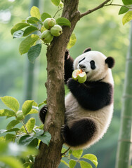 Obraz premium A cute panda is eating guava, while climbing tree.
