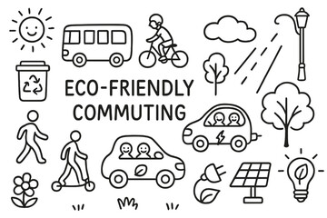 Eco Commuting Icons. Hand-drawn doodle illustration Eco-friendly commuting [bus, bicycle, scooter, pedestrian, carpool, electric car, tree, recycling bin,