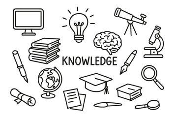 Fototapeta premium Knowledge Symbols Doodle. Knowledge. Hand-drawn doodle illustration stack of books, light bulb, brain, telescope, microscope, globe, computer, scroll, fountain