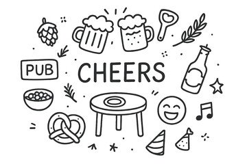 Cheers Doodle Icons. Hand-drawn doodle illustration [Cheers with beer mugs] [beer mugs clinking, foam, bottle opener, pub sign, cheers text, barley, hop cone,