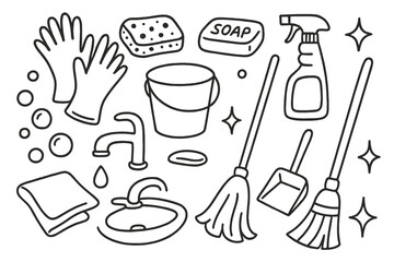 Daily Cleaning Essentials. Hand-drawn doodle illustration Everyday use rubber gloves gloves, sponge, soap bar, spray bottle, bucket, mop, broom, dustpan,