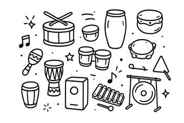 Percussion Instruments Doodle. Hand-drawn doodle illustration Percussion instruments collection [drum, conga, bongo, djembe, tambourine, cymbals, triangle,