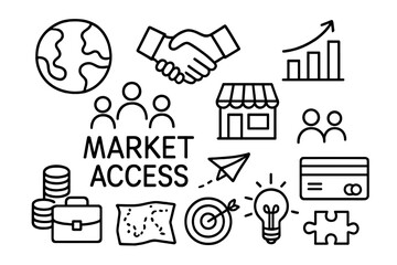 Market Access Doodle Icons. Hand-drawn doodle illustration Market access globe, handshake, arrow upward, bar chart, coins, briefcase, store, people icons,