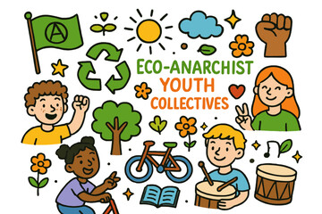 Eco Youth Doodle. Colorful Hand-drawn doodle Children illustration Eco-Anarchist Youth Collectives young people, green flag, recycling symbol, tree, flower,