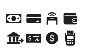 Payment Method Icons. Solid, filled icon set of market payment methods: cash, credit card, mobile payment, digital wallet, bank transfer, check, coin, payment