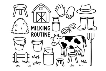 Milking Doodle Icons. Hand-drawn doodle illustration Milking routine Milking stool, cow, bucket, udder, milk pail, barn, haystack, gloves, farmer hat, boots,