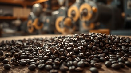 Freshly roasted coffee beans on wood with aromatic steam in warm directional light.