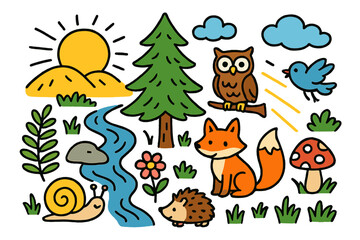 Fototapeta premium Whimsical Forest Morning. Colorful Hand-drawn doodle Children illustration Forest morning light [sunrise, pine tree, owl, fox, stream, fern leaf, flower, rock,